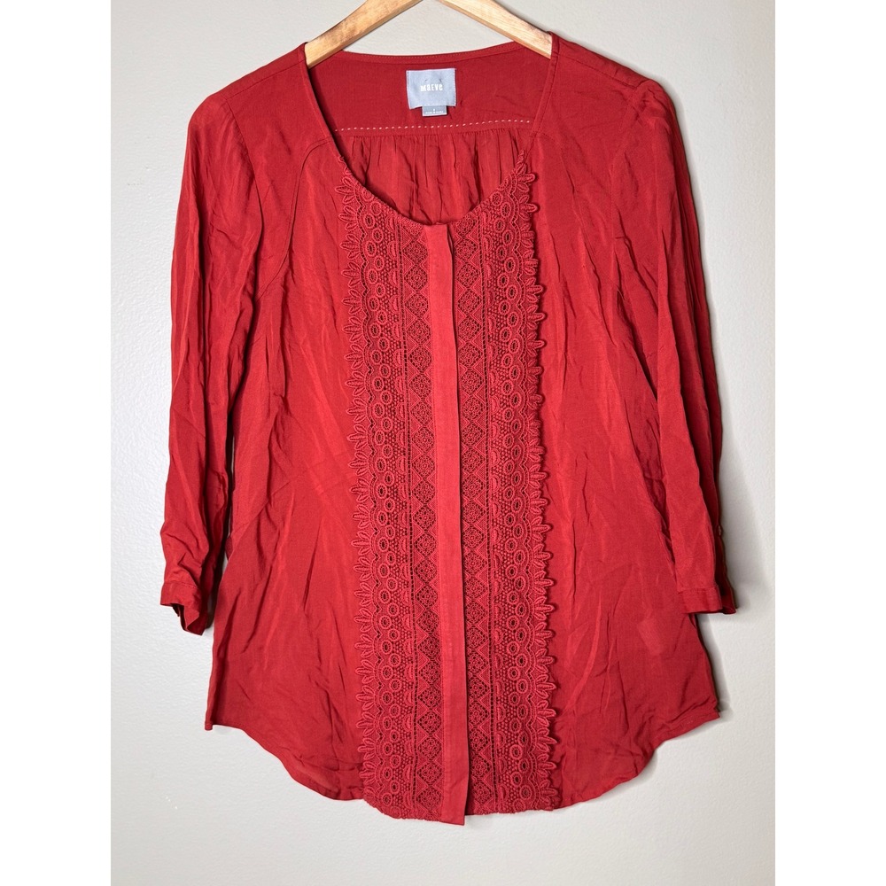 Maeve Anthropologie Red Lace Trim 3/4 Sleeve Blouse Top Sz 2
